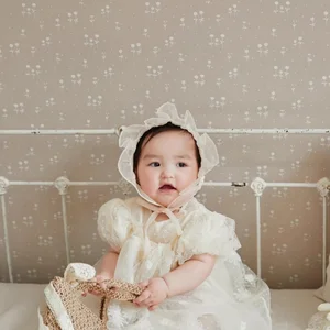 Beige Embroidered Flowers Formal First Birthday Baby Girls Cap Sleeve Knee-Length Ball Gown Layered Mesh Yarn Flower Girls