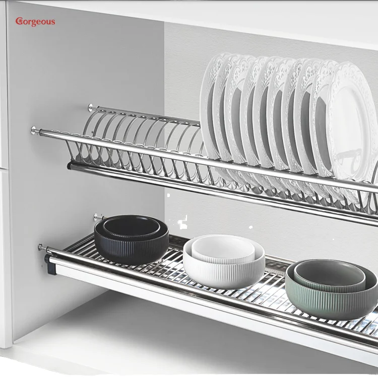2 Layer Over the Sink Kitchen Organizer Roll up Built in Holders Cabinet Drainer Plates Dish Drying Rack Stainless Steel MIRROR