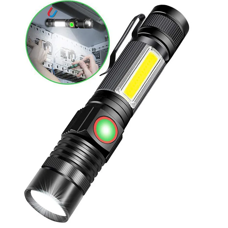 Powerful Waterproof Zoomable Rechargeable Mini LED Emergency Tactical Magnetic T6 Flashlight with Cob Sidelight Torch Flashlight