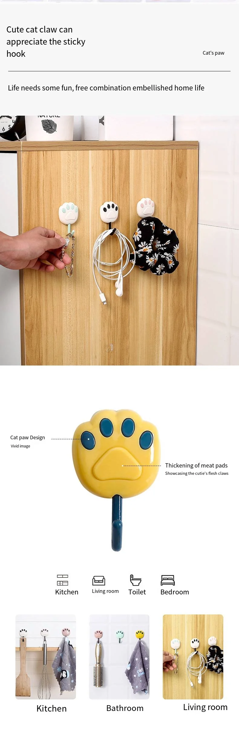 Creative cat claw adhesive novelty hooks cartoon home multi-functional sticky novelty hooks cute manufacturer wholesale sticky novelty hooks details