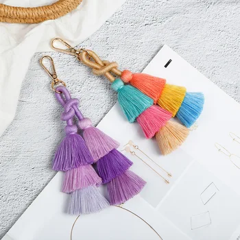 Hight Quality Multi Layered Bohemian Style Colorful Hand-woven Key Chain with Tassel Bag Charm Pendant Woven Keychain