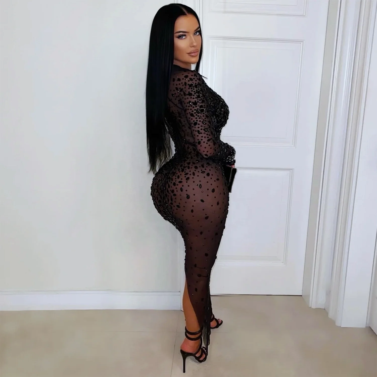 Women Long Sleeve Shinning Rhinestones Mesh See Through Bodycon Long Dress  Nightclub Party Celebrate Evening Birthday Outfit
