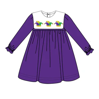 2022 Mardi Gras boutique baby girl clothes dress Mardi Gras applique long sleeves knee length kid girl dress