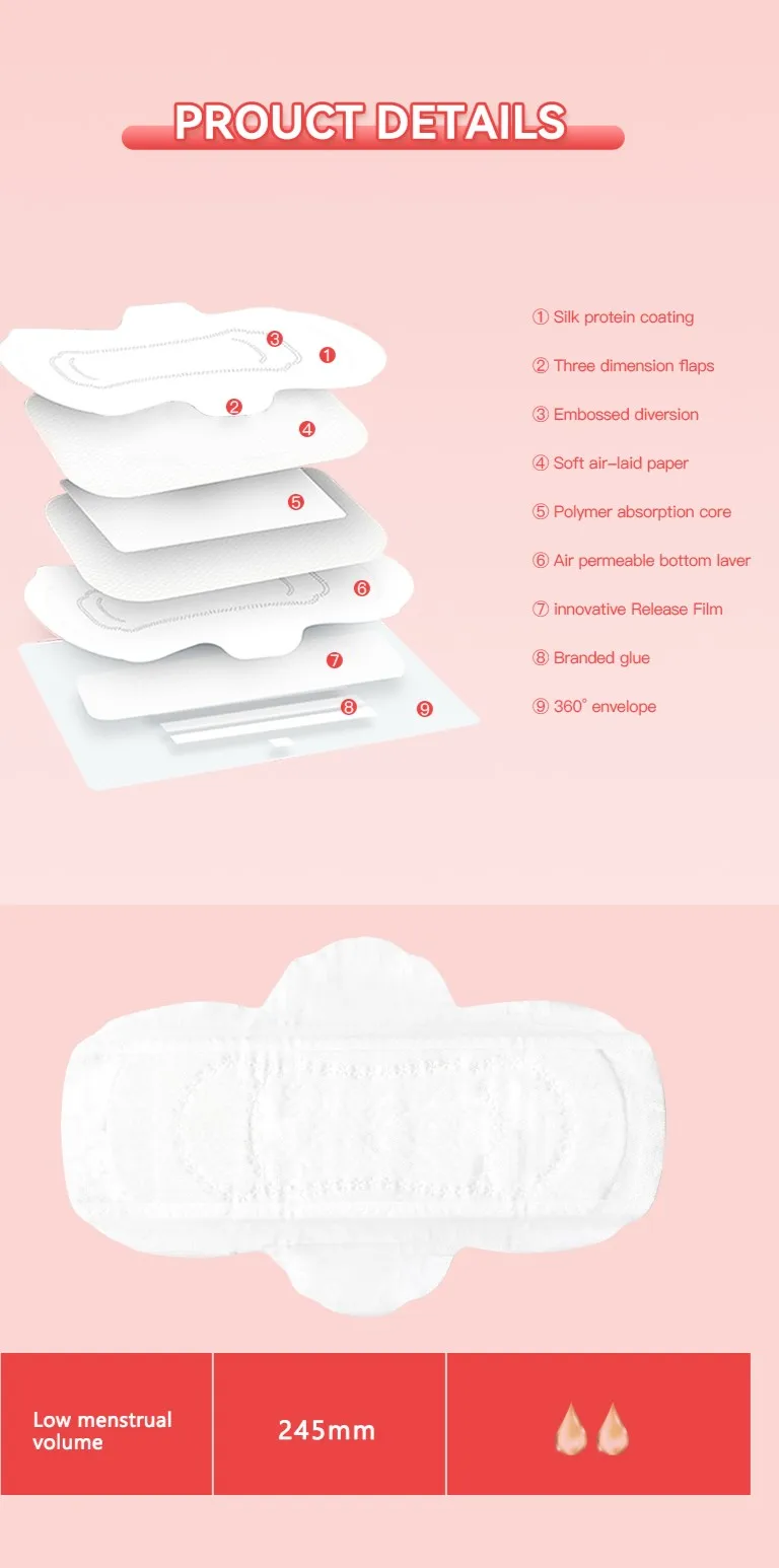245mm High Quality Organic Cotton Disposable Sanitary Towel Pads For