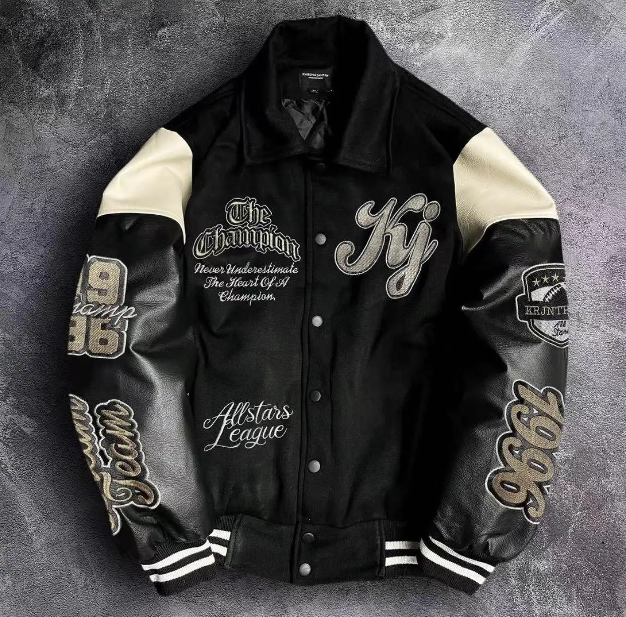 Custom Motorcycle Riding Jacket Letter Embroidery Print Leather Sleeve Waterproof Winter Bomber Baseball Jacket Men gallery 2