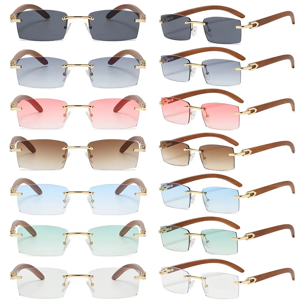 2024 New Stylish Custom Logo Designer Luxury Mens Shades Small Frame Rectangle Rimless Sunglasses Wooden Sunglasses Men