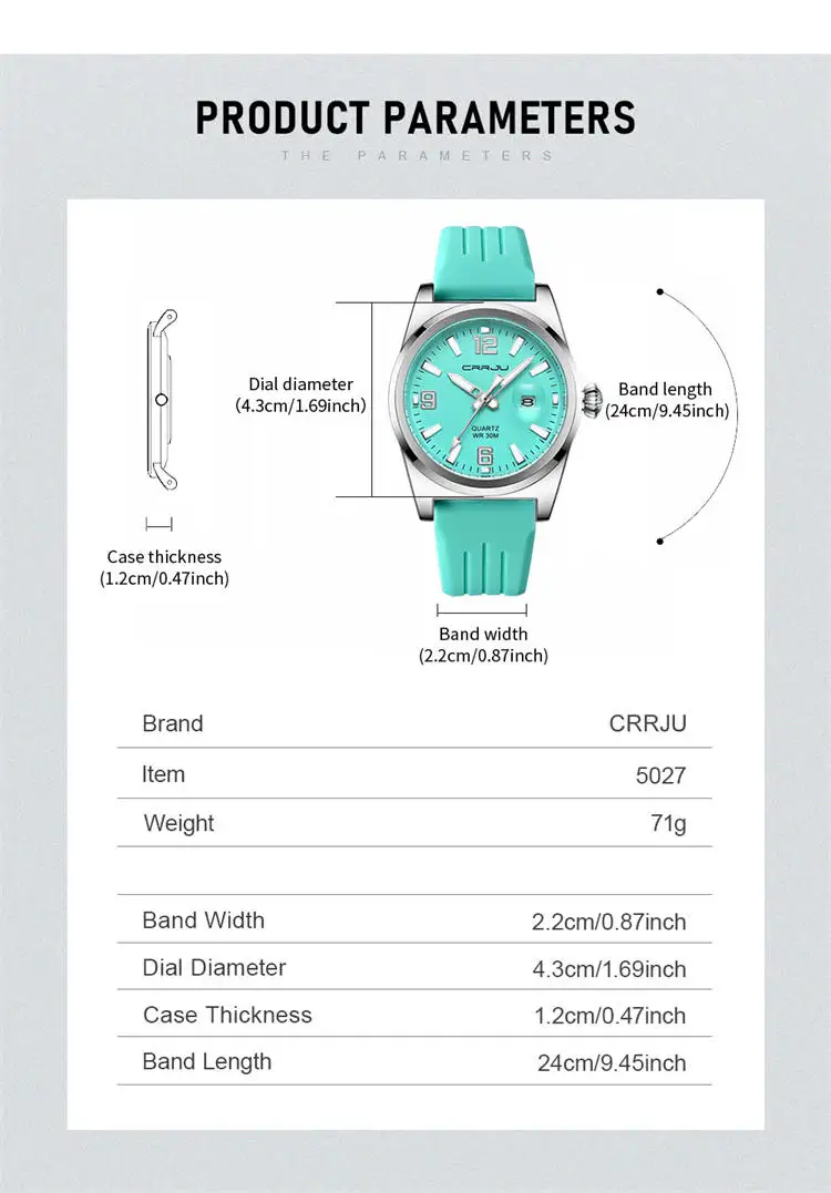 CRRJU 5027 Hot Sell ODM Men Quartz Watch Latest Silicone Band Waterproofing Date Display Simple Classical Casual Watch Design