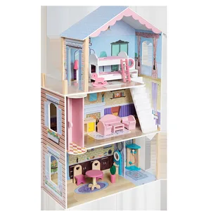 Pink Princess Wooden Dollhouse for Kids Interactive Playhouse Toy with Baby Simulation Villa Features for Parent Child Play