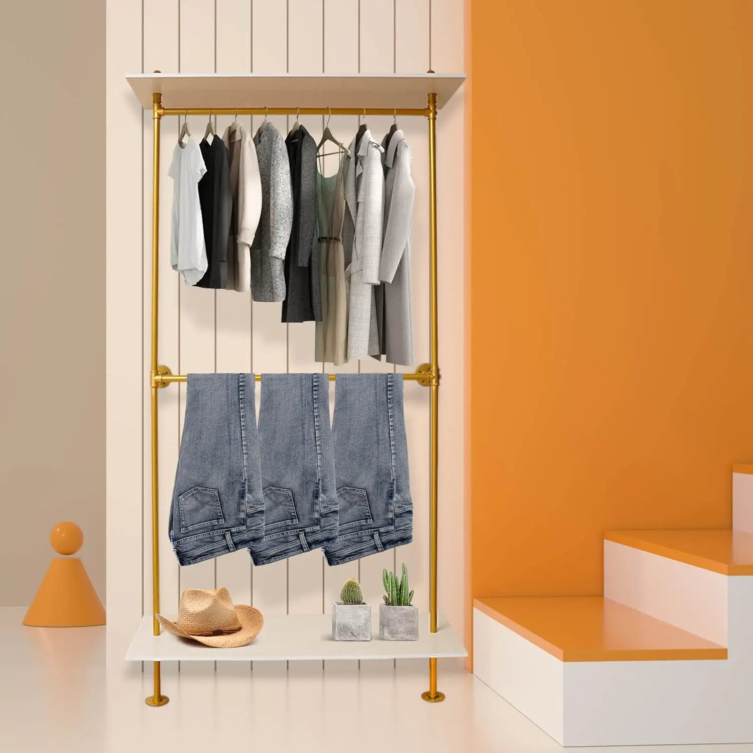 Metal Clothes Rack Vintage Coat Stand with 1 Shoe Rack Gold Clothes ...