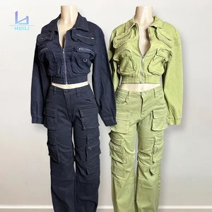 Huili Manufacturer Oem Custom Vintage Acid Washed Denim Crop Top Cargo Jacket & Jeans Pants Multi Pockets Women Two Piece Sets