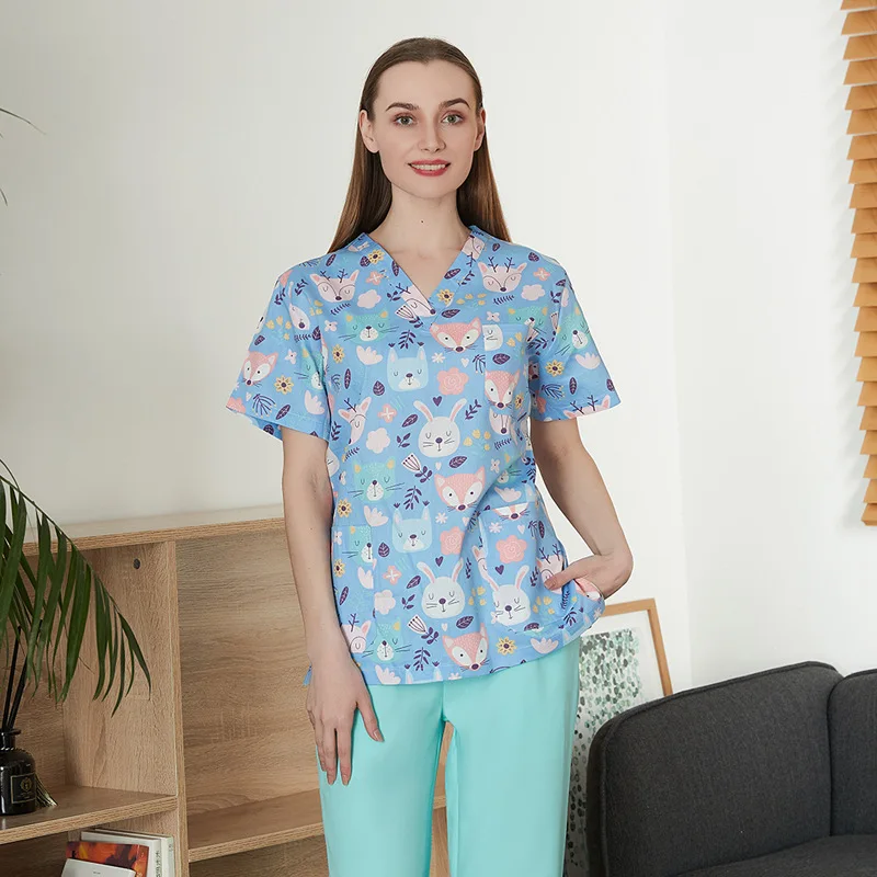 Unisex Cotton Cartoon Print Spa Uniform Fashion Slim Fit Top Scrub Clothes  Women Scrubs Lab Coat Beauty Salon Pet Shop Uniform