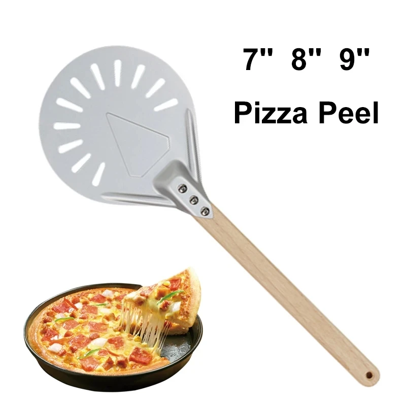 7 8 9 Inch Perforated Pizza Turning Peel Shovel Aluminum Wooden Handle