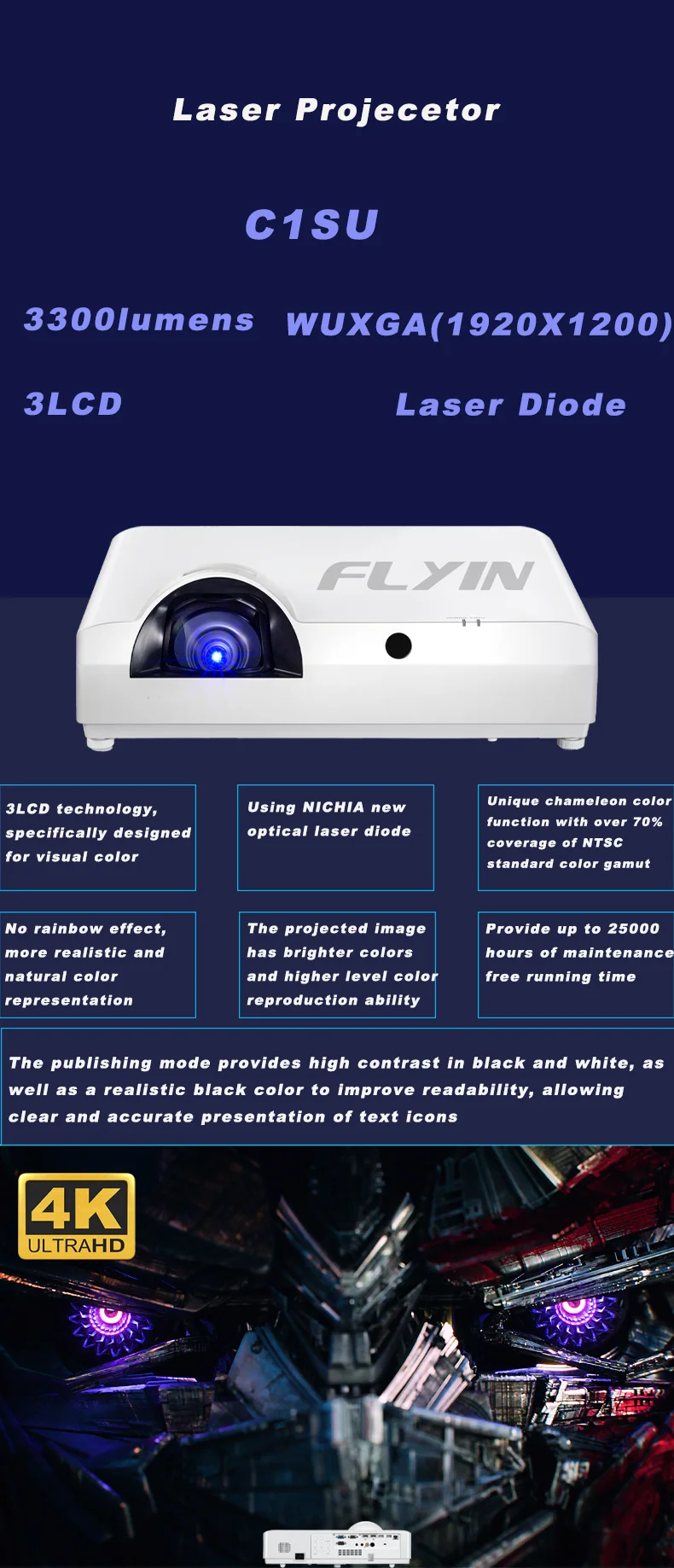 Flyin High Brightness WUXGA 3LCD Laser Projector Short Throw For Business And Education