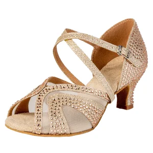 New Women's Latin Dance Shoes 5.5cm High Heel Hot Champagne Diamond Style Soft Bottom High Heeled Sandals for Summer Mesh Lining