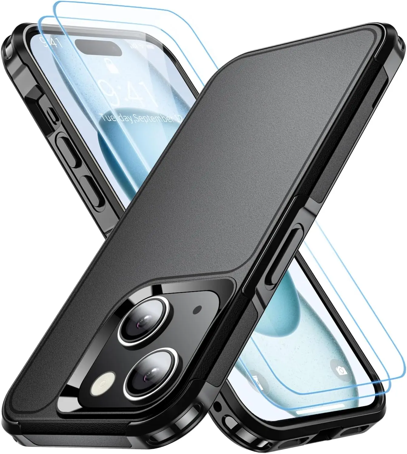 Shockproof for iPhone 15 Case Drop Protective with 2X Tempered Glass Screen Protector with Air Bumpers Full-Body Phone Case