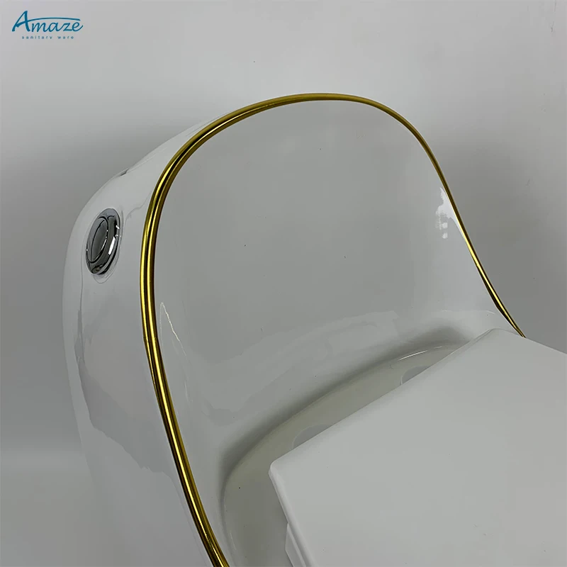 Good quality luxury design floor mounted wc white gold line egg shape water closet bathroom ceramic one piece toilet bowl details