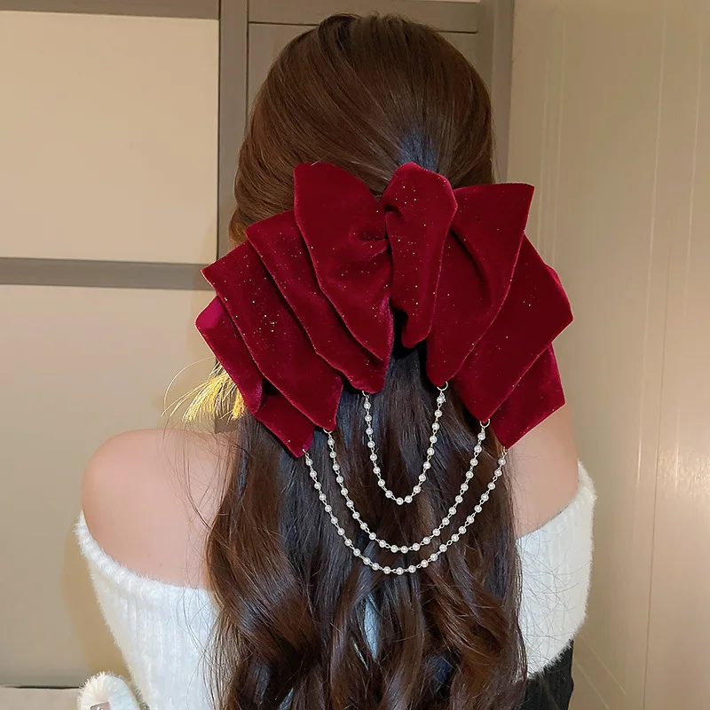 Hot Sales Velvet Multi-Layer Bow Hair Clips French Elegant Fabric Pearl  Tassel Spring Clips Barrette for Women Hair Accessories