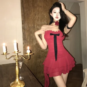 This Burgundy Strapless Party Dance Dress with Ruffled Layers and a Black Ribbon Detail Creates Perfect for Dance and Events