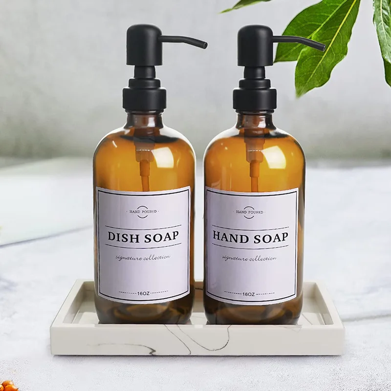 OEM Boston Round Shape 480ml 16oz Glass Bottle Regular Amber Brown Lotion Pump Glass Bottle For Hand Wash Liquid