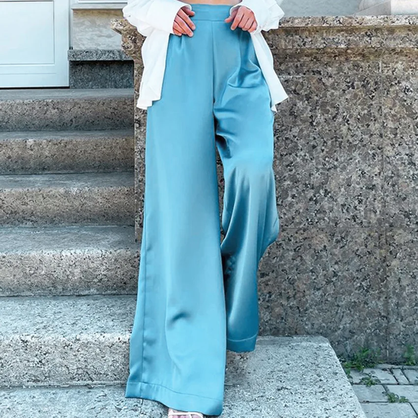 женские атласные длинные брюки с высокой талией пользовательскиеповседневные широкие брюки