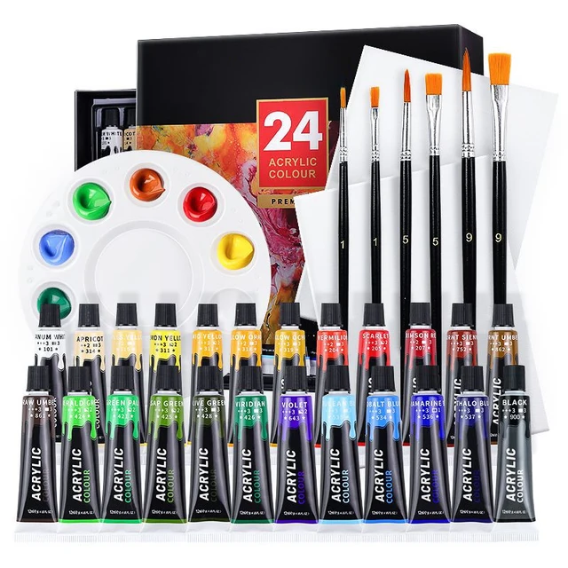 GF 24 Colors Vibrant Acrylic Adults Kids Drawing Paint Sets 12ml Coloring Acrylic Paint Tubes Set for Classrooms & Art Supplies
