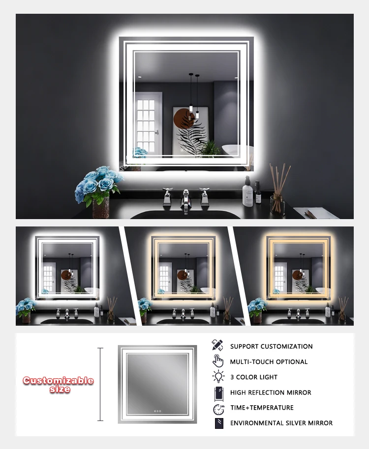 ul  display dimming 3000k 6000k led lighted vanity anti fog square touch smart bathroom led lighted mirror-4