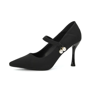 Classy Women's Black Microfiber Office Shoes Stiletto Heel Mary Jane Pumps Pearl Accent 7cm/5cm Slip-On Comfort Summer Solid