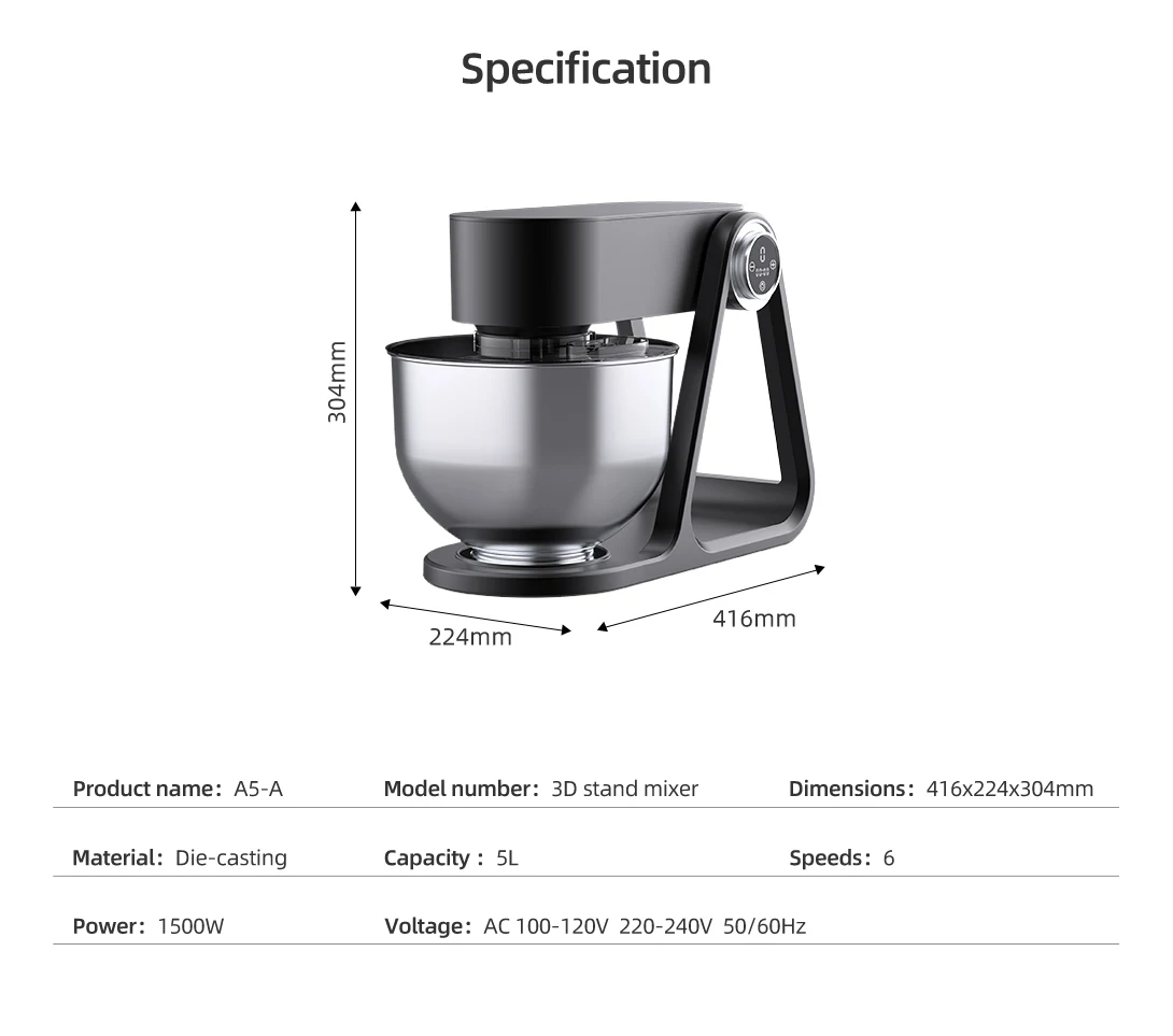 Factory Multifunctional Bread Dough Cake Mixer 5L LED Screen Touch Button Dough Mixer Egg Cream Kneading Machine