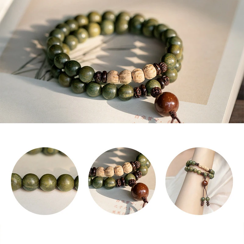 Green Palo Santo Sandalwood Buddha Beads 8mm Vintage Prayer Bracelets Multi-Layered Bracelets for Men Women Yoga