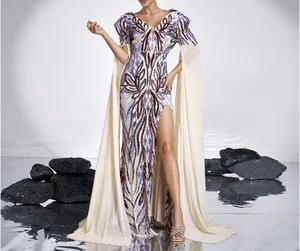 Luxury Sequin Cape Evening Gown Women Elegant V Neck Split Maxi Dress Sparkly Beaded Long Formal Prom Party Outfit