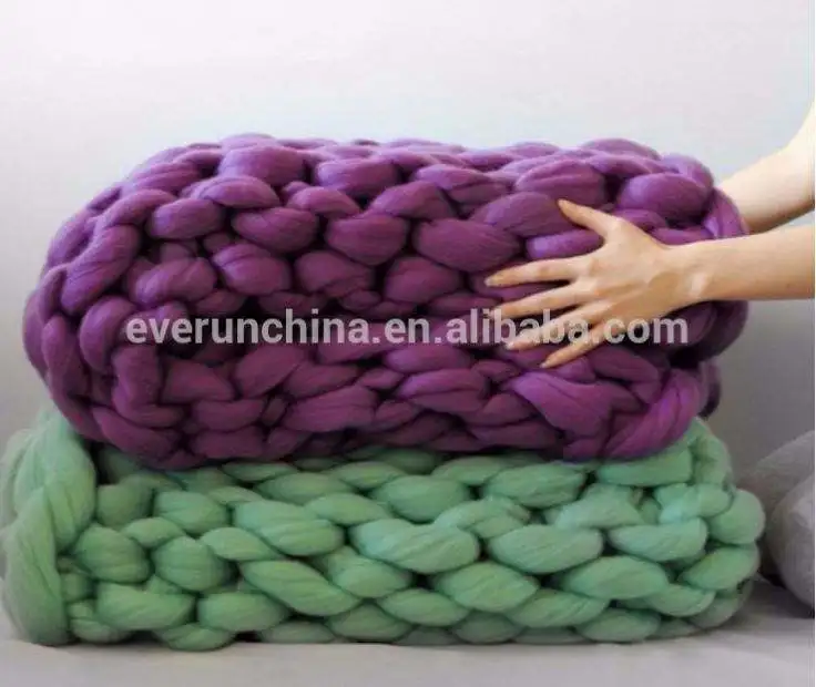 Magic Green 100% Merino Wool Woolen Super Chunky Thick Yarn Hand Made Knit Throw Blanket