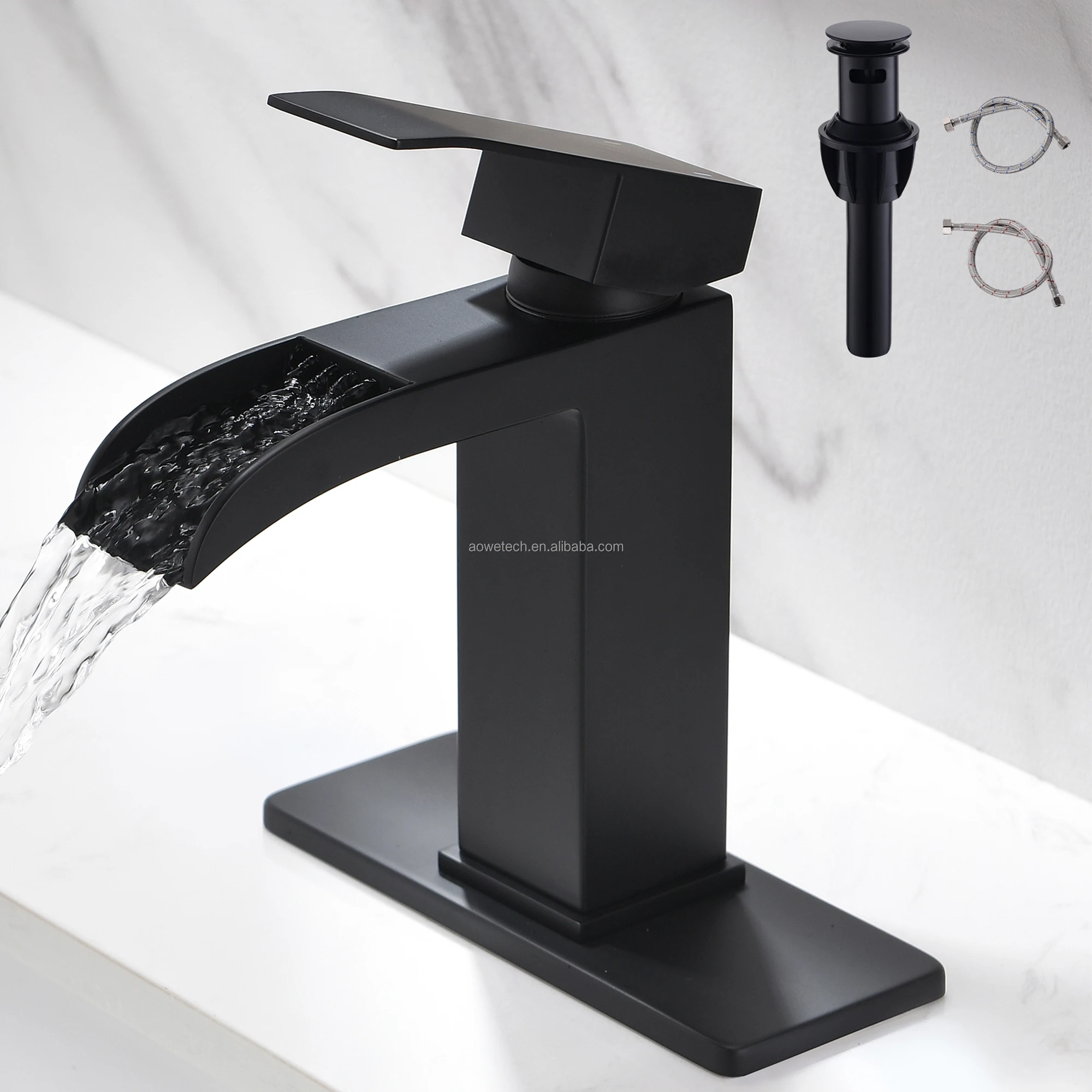 Modern Matte Black Brass Waterfall Basin Faucet Single Handle with Ceramic Valve Core and Pop Drain Supply Lines Full Set