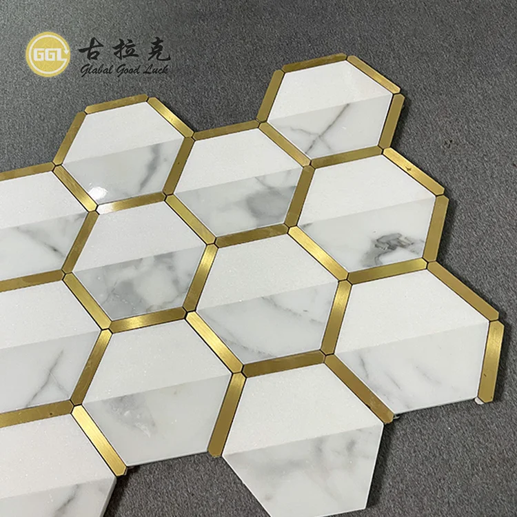 Natural Marble Mix Brass Hexagon Design Interior Decor Mosaic Tile