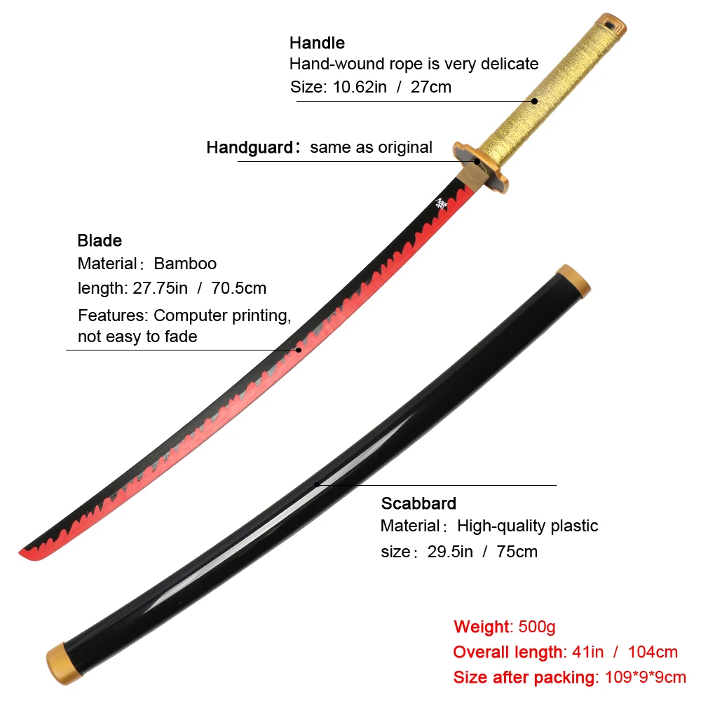 FEENOMENN Katana Yoriichi Tsugikuni 95 Cm – Holzklinge – Japanische Halterung Inklusive
