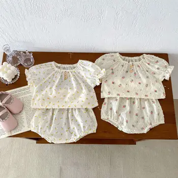 2024 Summer new floral baby girl ruffled short sleeves suit fashionable short sleeve top bread pants two-piece set
