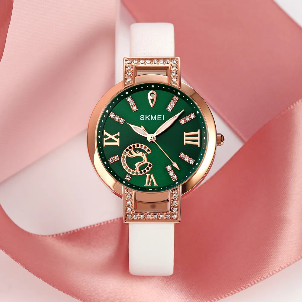 Elegant Skmei 1977 Leather Strap Women Wristwatch Jewelry Minimalist Quartz Watch for Ladies