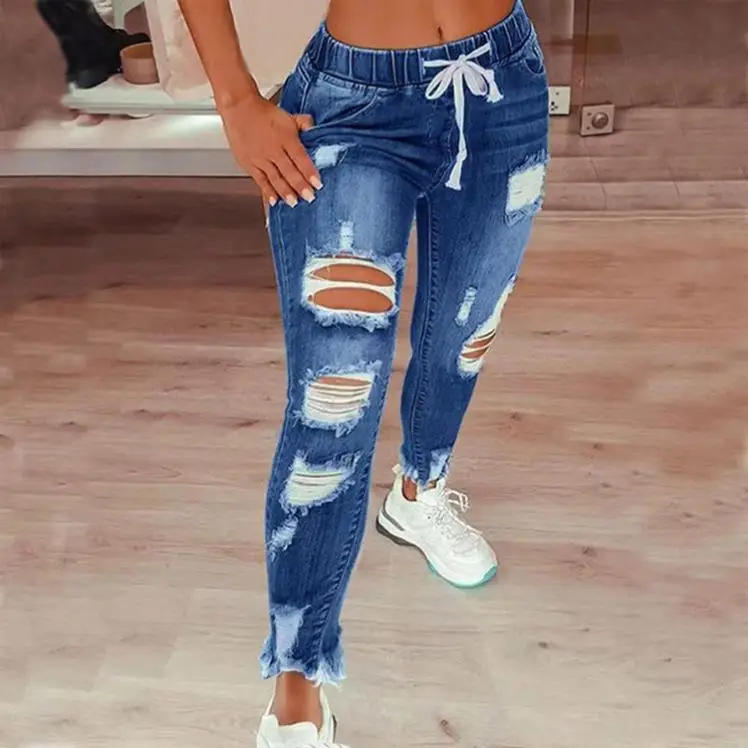 Pantalones Vaqueros Rasgados De Cintura Elástica Para Mujer,Oferta En  Europa Y Estados Unidos,2021 - Buy Estampado Con Cuello En V De Manga Larga  Más Tamaño Suéter Para Mujeres,Mujer Lindo Amor Corazón Impresión