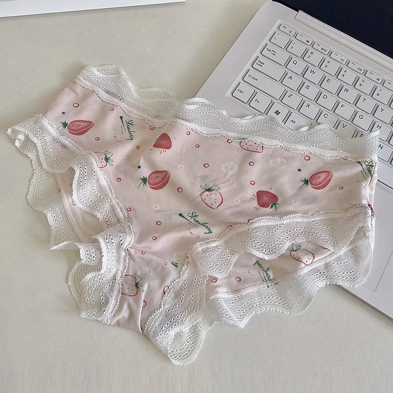 Cute Strawberry Print Lace Panties For Ladies Low Rise Cotton