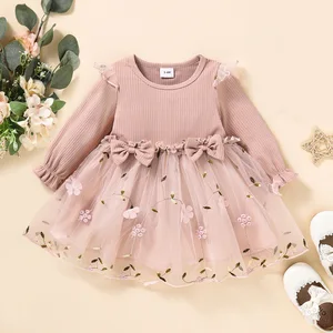 Girls' Sweet Style Floral Princess Dress O-Neck Fly Sleeve Bow Lace and Ruffles Decor Knee-Length Chiffon for Summer