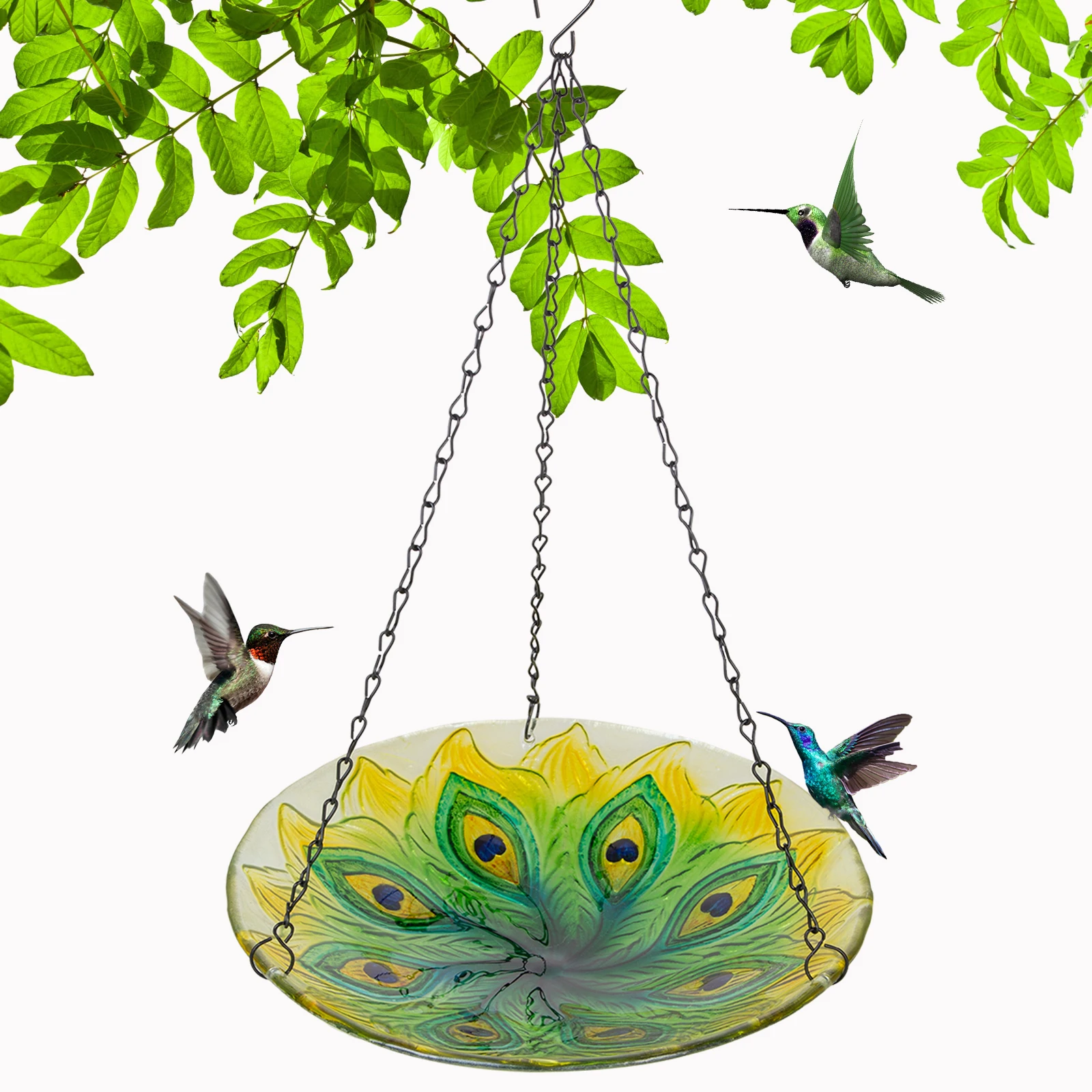 Hanging Bird Bath Outdoor Glass Bowl Feeder Peacock Outside Glass Birdbaths for Patio Yard