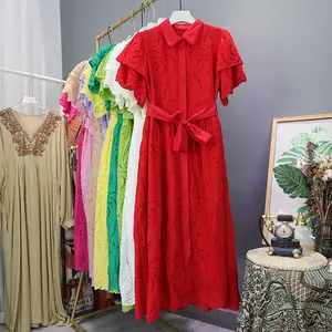 Women's Single-Breasted Embroidered Woven ODM V-neck A-line Empire Waist Double-Layer Casual Washable Summer Party Midi Dress