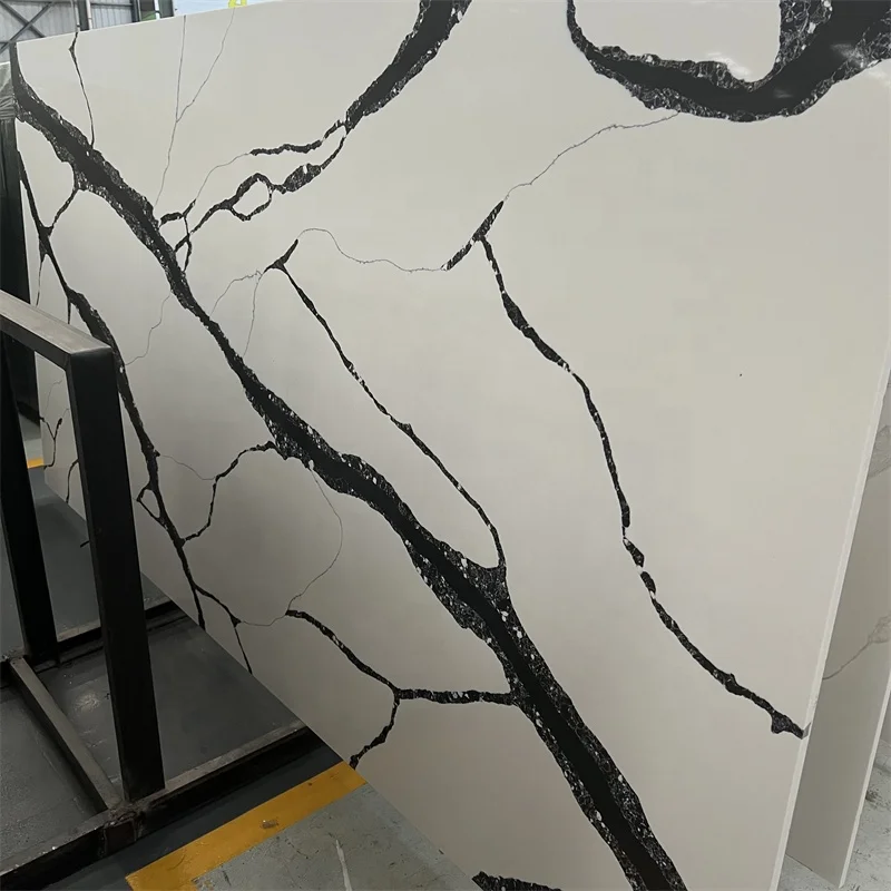 Plaka tal-Ġebel tal-Quartz Calacatta Black tat-Tajjeba Għolja White Quartz Stone Biveins Sewda għall-Dizajn tal-Kċina