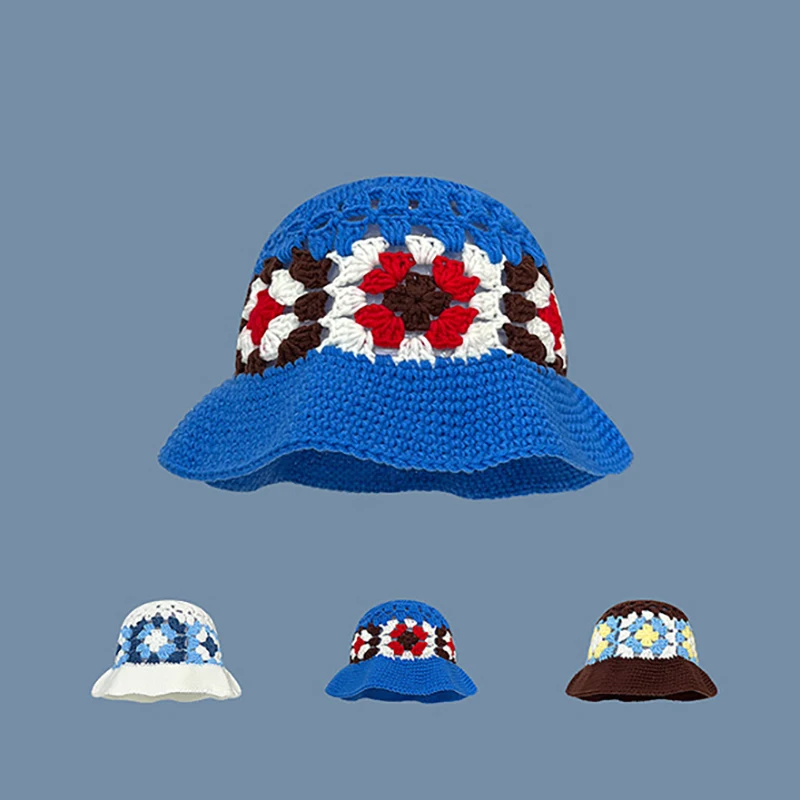 Wholesale Sweet Flower Crochet Hand Knit Bucket Hat Vintage Flower Cotton Hand Knitted Hollow Fisherman's Hat