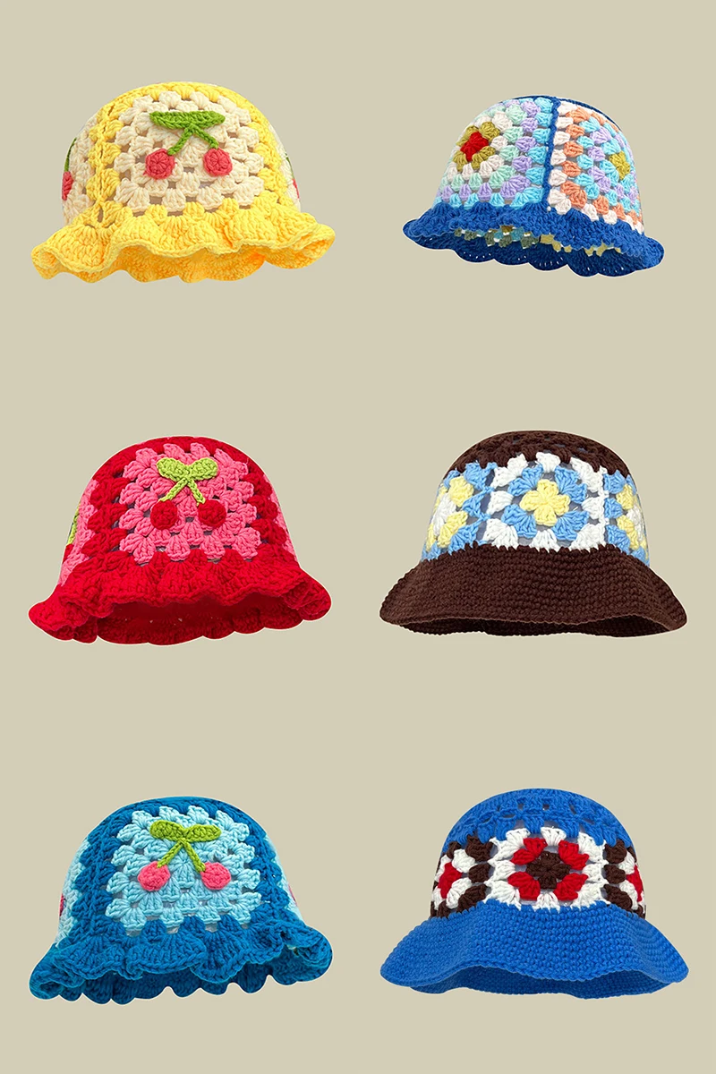 Wholesale Sweet Flower Crochet Hand Knit Bucket Hat Vintage Flower Cotton Hand Knitted Hollow Fisherman's Hat