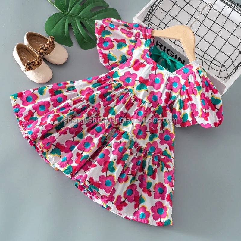 Children's Dress Prints Summer Kids Clothing Girls Party Dress Bow Sets Baby Girl Casual Lace Dress