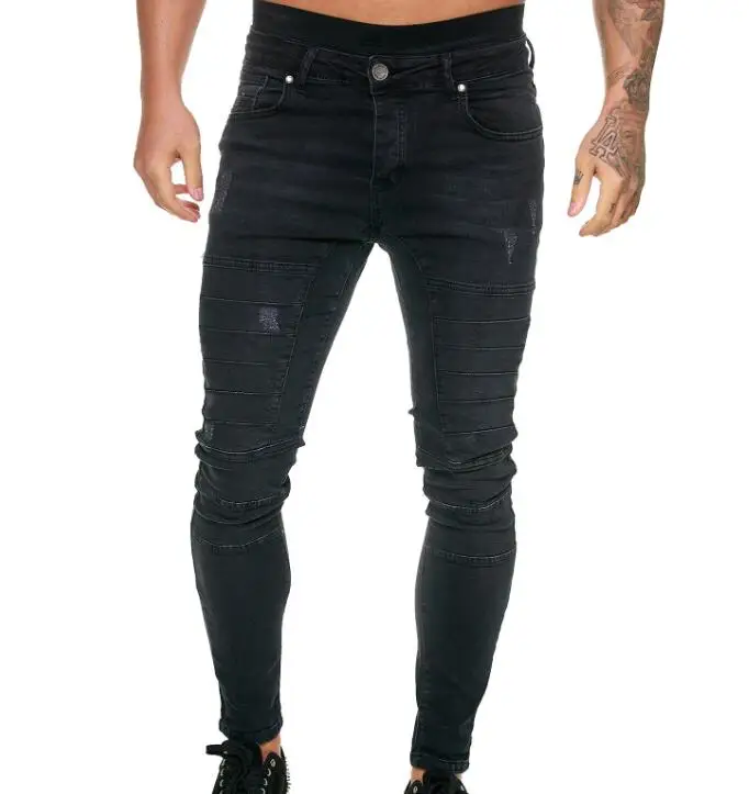 Men Stacked Denim Pants Casual Blue Black Slim Fit Mens Jeans Skinny Stretch Men's Jeans locomotive Denim Pant