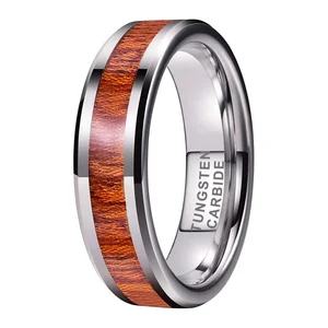 Coolstyle Jewelry 6mm Koa Wood Inlay Tungsten Carbide Ring for Women Men Fashion Engagement Wedding Band Beveled Comfort Fit