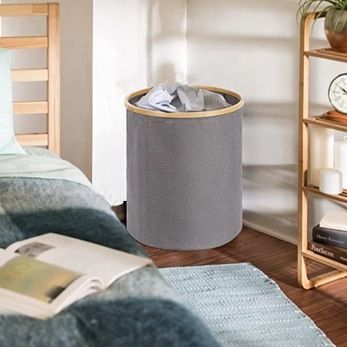 Concise Foldable Home Storage Bamboo Polyester Cotton Hemp Round Stool Round Laundry Basket
