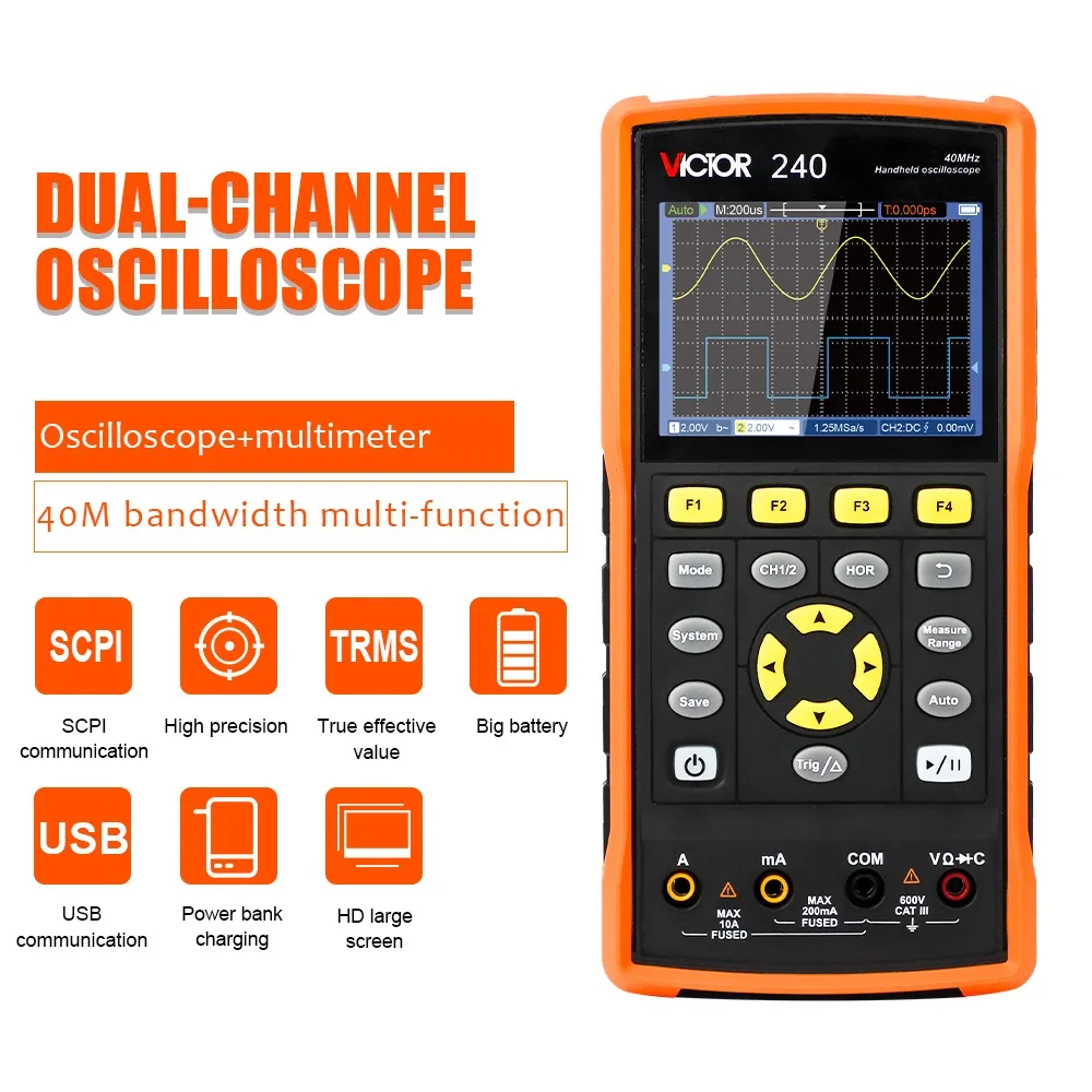 VICTOR 240 Handheld Digital Automotive Oscilloscope with Multimeter Two Channel 40mhz Bandwidth Electronic Meter with USB SCPI