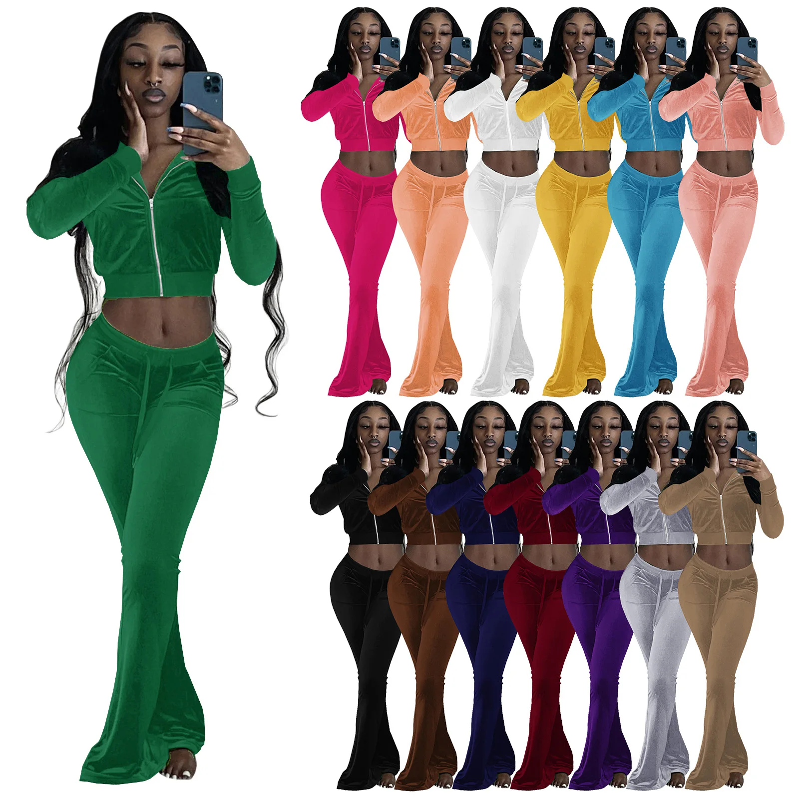 women Sweatsuit sexy velvet streetwear women jacket and bell-bottoms trousers 	 velvet two piece set velvet tracksuit